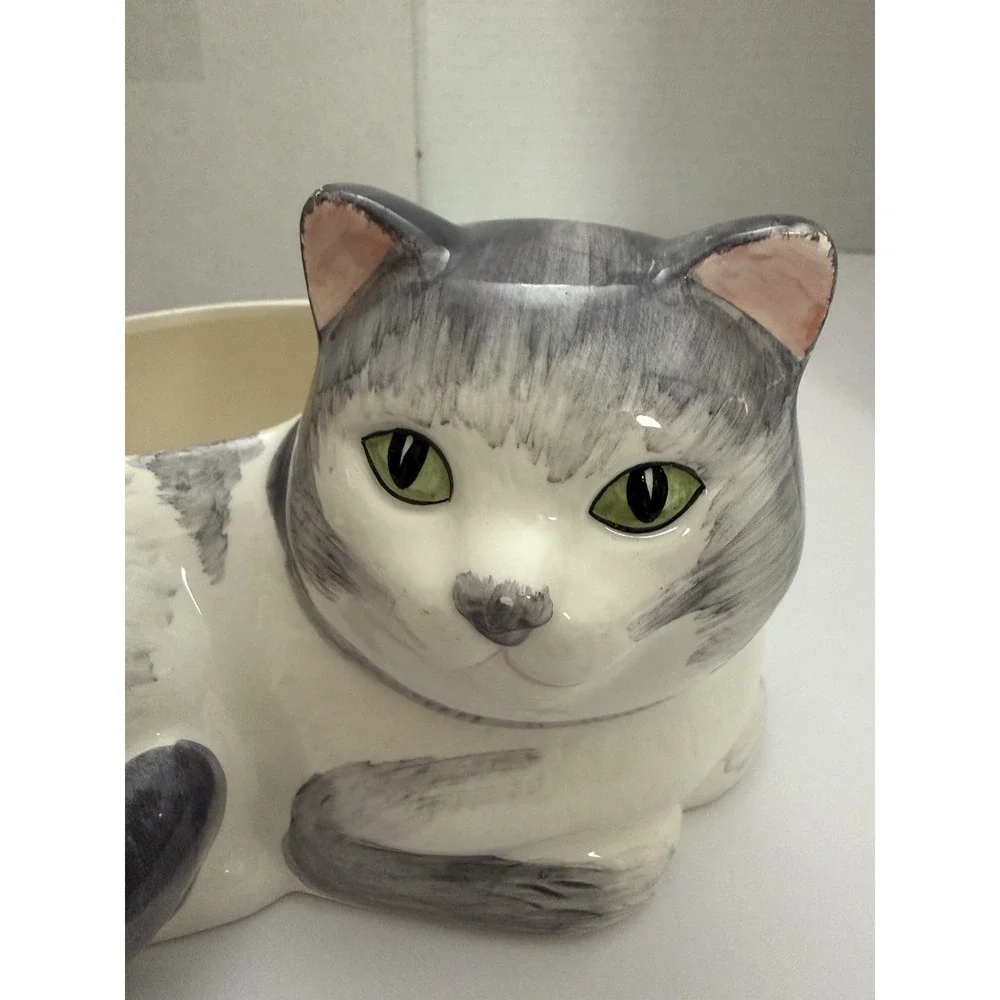 Ceramic Gray & White Cat Planter | Figural Cat Lover Decor | 7